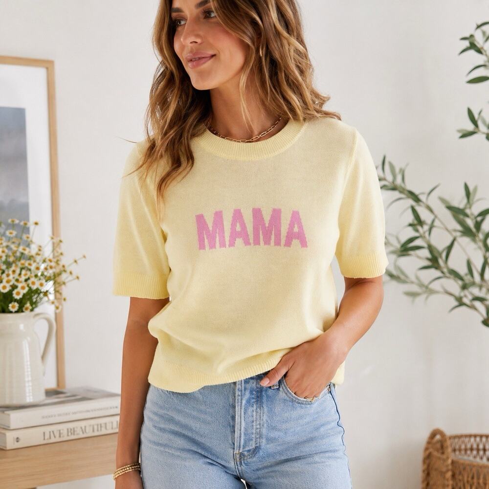 Vince Camuto Mama Sweater Top Womens Small Yellow Pink Short Sleeve NWT